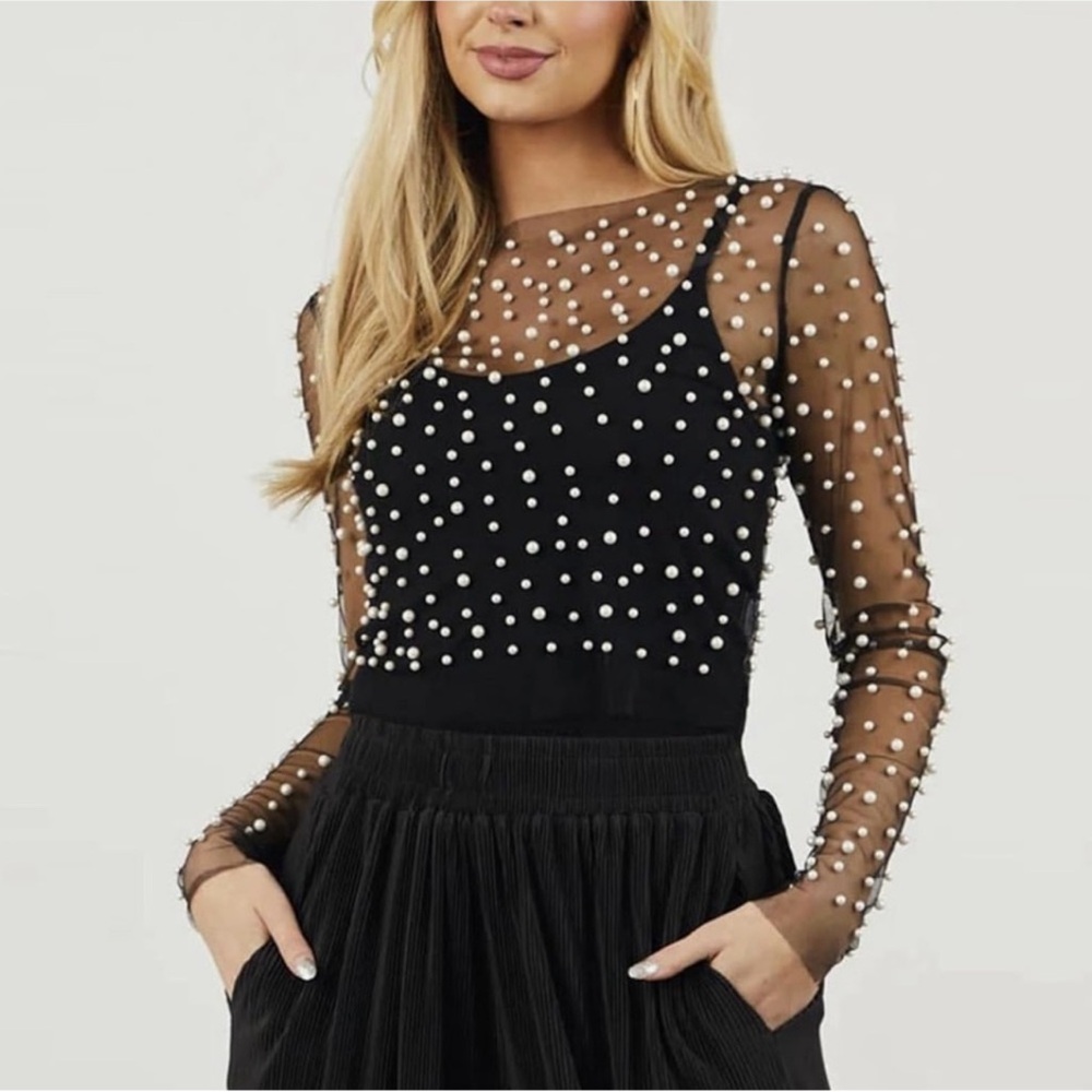 Black Mesh and Pearl Long sleeve Crop Top